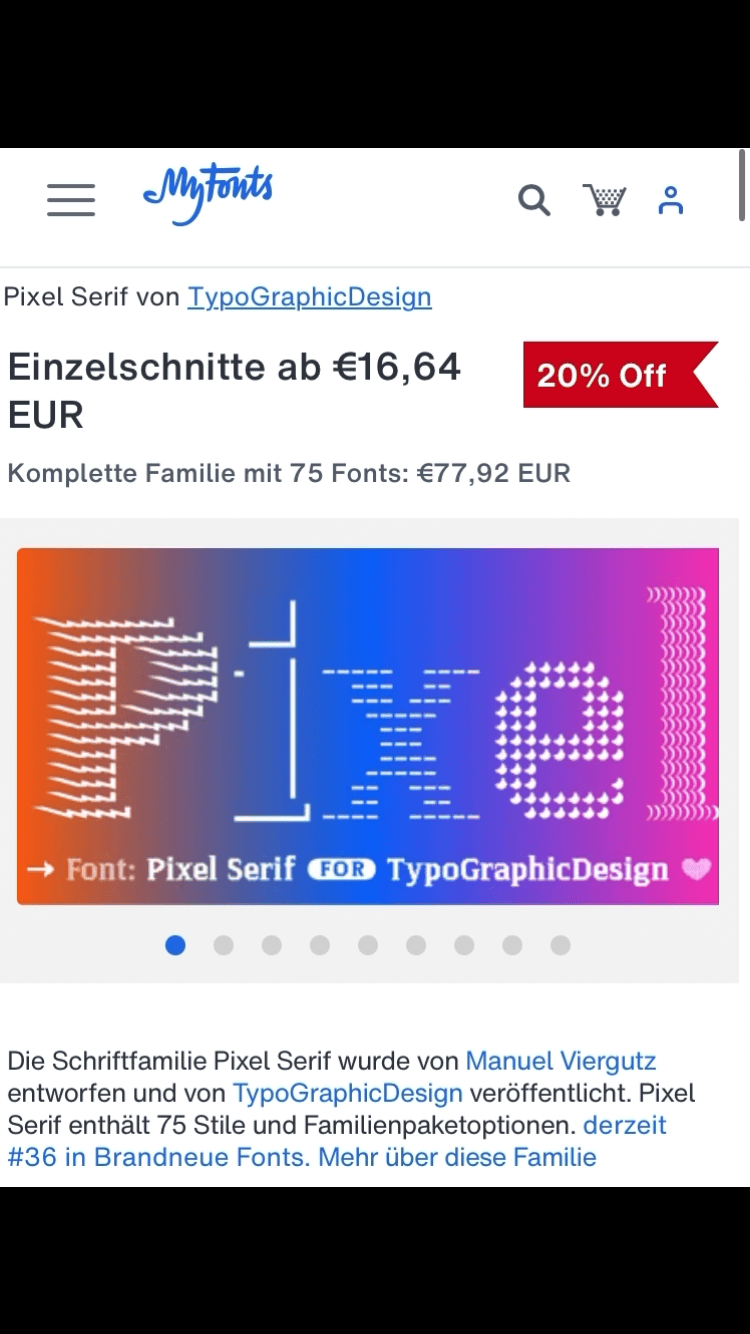 Pixel Serif by TypoGraphicDesign is awarded “Hot New Font” #36 among the best-selling new fonts on #1 place MyFonts.com (the world’s largest platform for fonts)