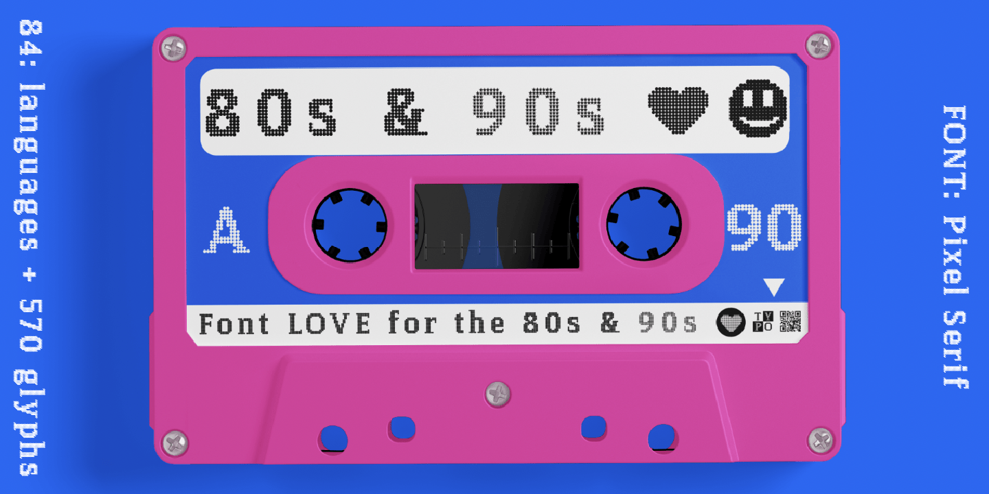 Type Specimen 80s 90s Cassette Tape for Font Pixel Serif by Typo Graphic Design
