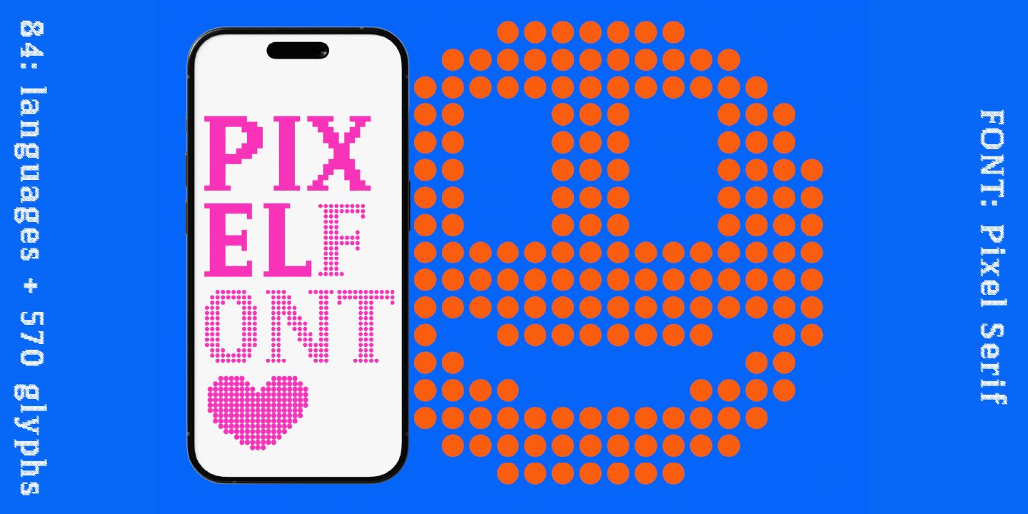 Type Specimen Smart Phone Smiley for Font Pixel Serif by Typo Graphic Design