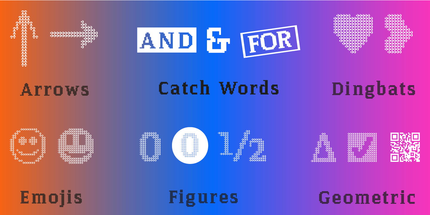 Type Specimen with OpenType Features of the Font Pixel Serif by Typo Graphic Design