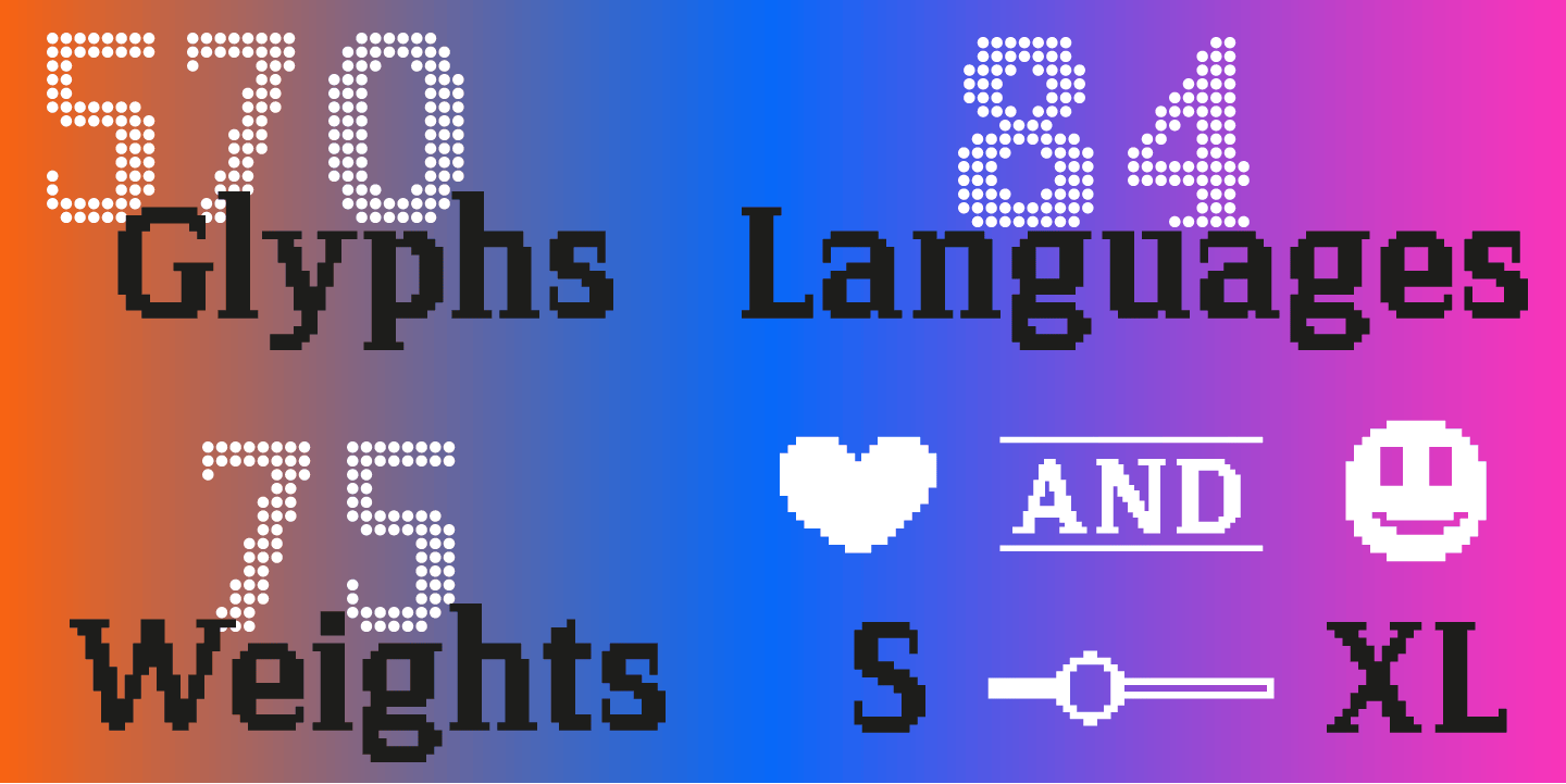 Type Specimen with Technical Infos for Font Pixel Serif by Typo Graphic Design