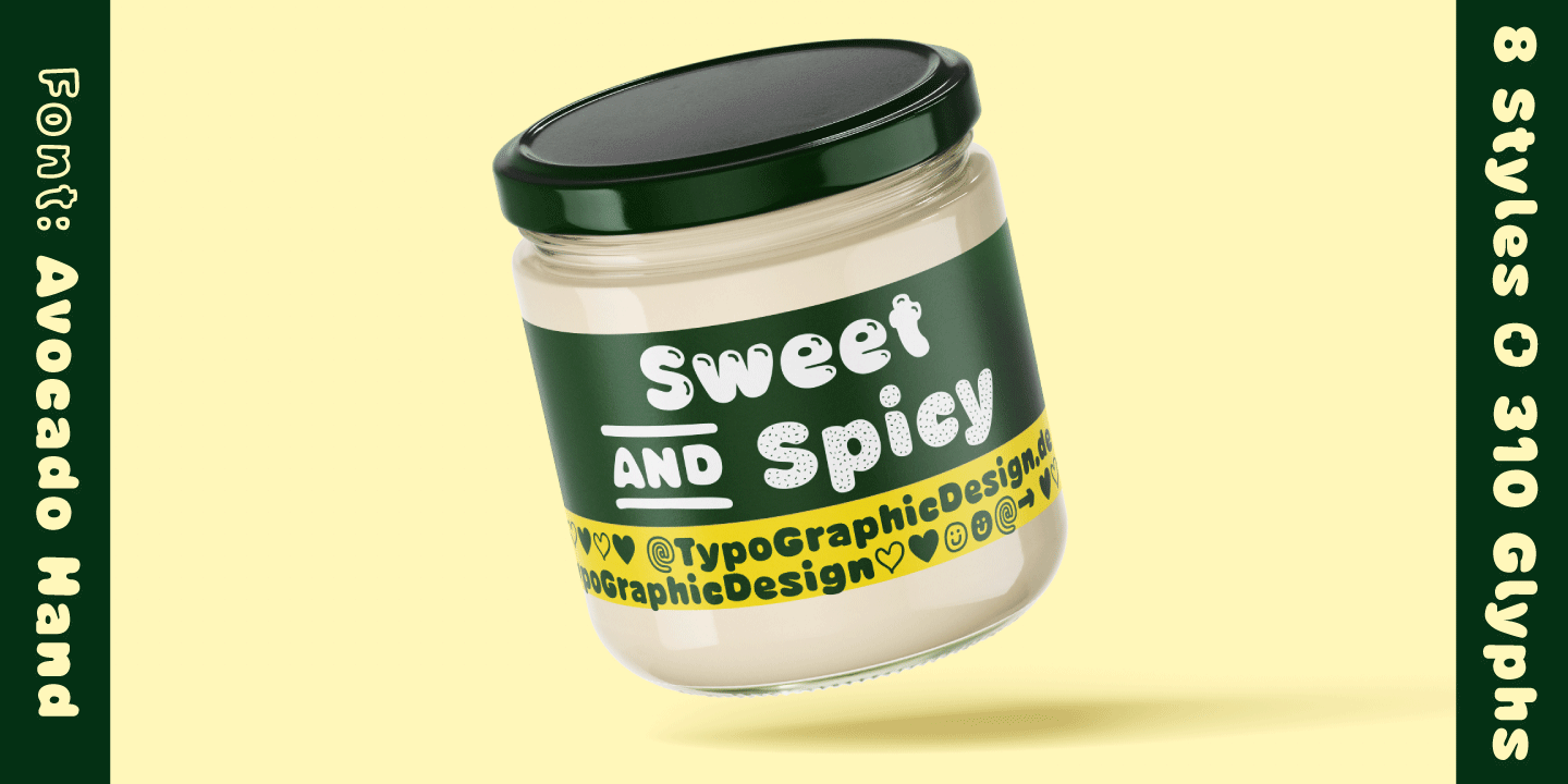 Type Specimen for the Display Font Avocado Hand for food packaging by TypoGraphicDesign