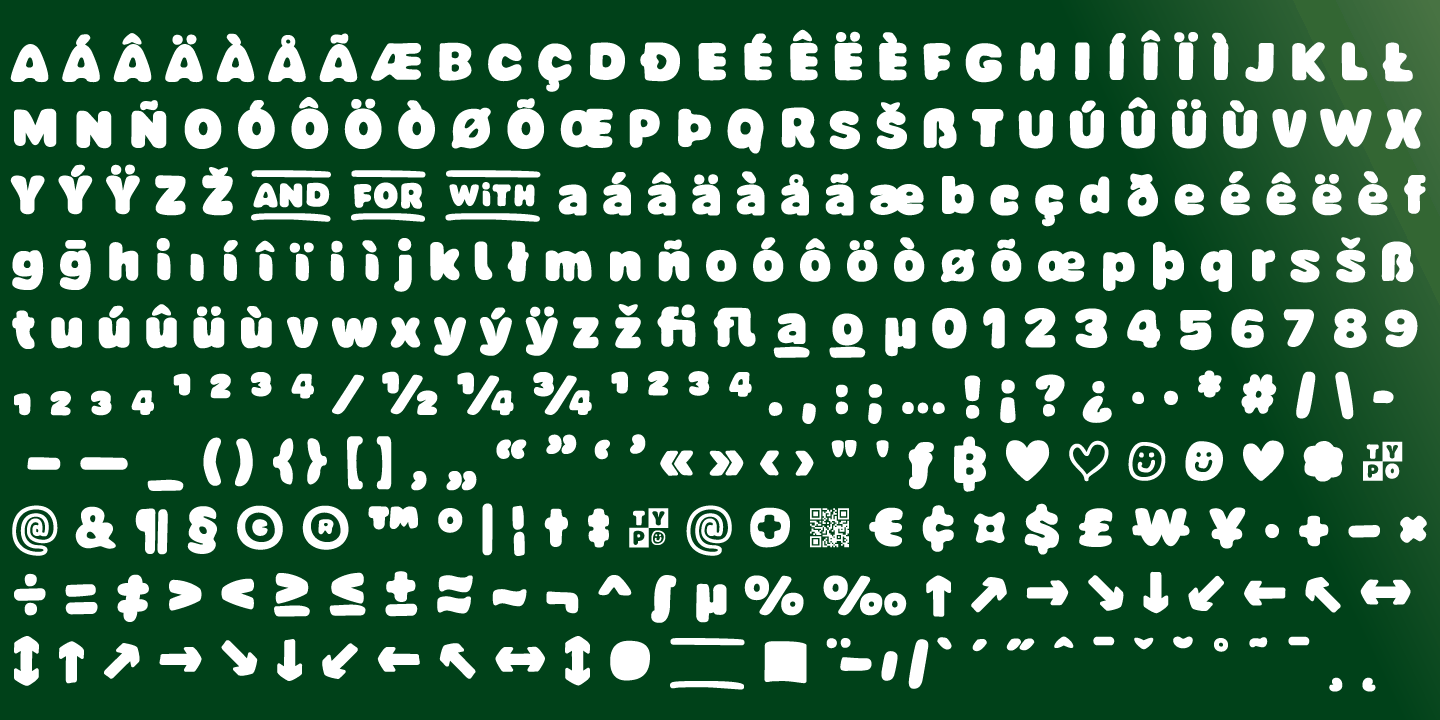 Type Specimen for the Display Font Avocado Hand shows all 310 Glyphs for 68 languages by TypoGraphicDesign