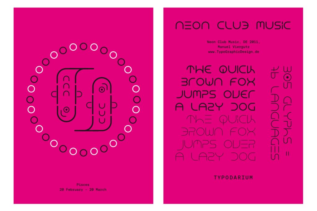 Font In Use with the typeface Neon Club Music for Typodarium 2027 (Pisces Zodias Sign Typo Illustration) Font by TypoGraphicDesign